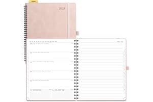 POPRUN Agenda 2025 Semana Vista Espiral 26,5 x 21,5 cm, Tapa Blanda, Regla Posicionable, Una Página por Semanal con Una Página de Notas, 100 GSM Papel EU, Rosa Pálido