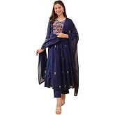 KLOSIA Women Embroidery Solid Anarkali Kurta and Pant Set with Dupatta