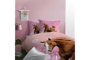 Matt&Rose Dwustronna pościel dziewczęca, 100% bawełna, 135 x 200 cm, 80 x 80 cm, koń różowy, z kwiatami