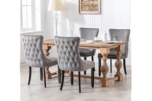 HomeTouch Lux Velvet Upholstered Kitchen Dining Chairs Set of 4 Tufted High Back Bedroom Office Chairs with Oak Wood Legs, Hand Made (4, Grey)