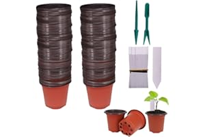 Huvai 100 Pcs 4" (10CM ) Plastic Seedlings Plants Nursery Pots with 100 Pcs Waterproof Plastic Plant Tags and 2Pcs/Set Transplanting Digging Mini Tools