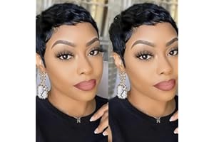 NICERUOODLIY Perruque Pixie courte cheveux naturels femmes, Human Hair Glueless pixie Wig No Lace Front Wig with Bangs Natural Straight Hair Wigs couleur 1B