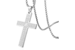 HZMAN Stainless Steel Cross Necklace for Men Women Inspiring Lord's Prayer Cross Pendant Jewelry Gift