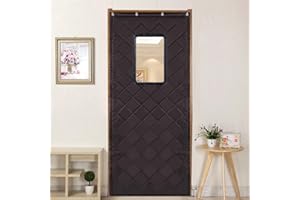 Liveinu Rideau De Porte Isolant Thermique Isolation Porte Avec Matelassé Diamant Coton Rideau d'occultation Coupe-vent Imperméable Isolation Phonique Marrón avec Fenêtre 120x240cm (Fenêtre:30x45cm)