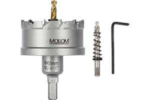 Mollom (65mm | 2-9/16") Scie cloche en carbure pour usage intensif avec 2 forets pilotes, coupe l'acier inoxydable, l'acier doux, le fer, le cuivre, le laiton et le plastique.