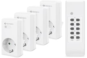 sonero, Zestaw bezprzewodowych gniazd : 4x gniazdo bezprzewodowe i 1x pilot bezprzewodowy, 1100 W, zasięg maks. 30 m, do użytku wewnętrznego, biały