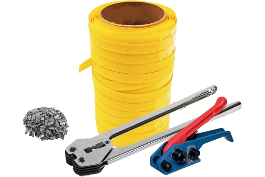 Trojan Economy Pallet Strapping Tools Banding Starter Kit - Contains Strapping Tensioner, Sealer, 100m Yellow Polypropylene Plastic Strapping & 50 Semi Open Strapping Seals