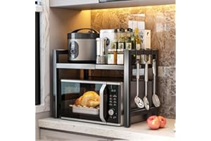 BELIFEGLORY Expandable Microwave Oven Rack, Kitchen Countertop Over Microwave Stand Shelf Unit, Kitchen Worktop Organiser for Air Fryer, Space Saving Standing Baker's Racks (Black / 2-Tier)