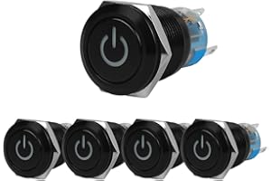 Larcele 19mm Interruttori a pulsante con Indicatore Luce,DIY Autobloccante Interruttore Metallo,Simbolo di Potenza,Nero,Impermeabile,5 pezzi JSANKG-11(Luz Blu)