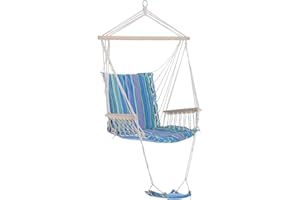 Outsunny Hanging Rope Chair with Soft Padded Seat & Backrest, Portable Garden Hammoc Chair with Wooden Support Bar, Armrests, Cotton Cloth, Footrest, for Patio & Tree, Blue