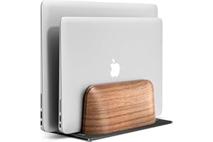 SHUOSUO Pionowa podstawka pod laptopa, podwójny uchwyt na laptopa z drewna orzechowego na biurko, naturalny drewniany i aluminiowy dok z regulacją szerokości