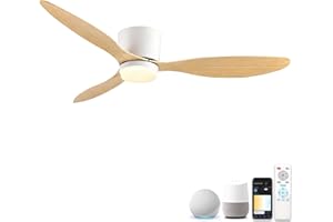 YCWDCZ Smart Ceiling Fans with Lights, 42” Low Profile Flush Mount for Bedroom, WiFi Voice Control via Alexa/Google Home, Quiet DC Motor, Dimmable LED 3 Colour Temps, 6 Speeds, Reversible – White Wood Grain