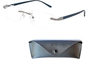 Mini Brille Lunettes de Lecture Percées Sans Cerclage avec Verres Transparents Rectangulaires, Cadre en Acier Inoxydable, Lunette Homme et Femme