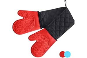 Alimat PluS Double Oven Gloves Mitts - Heat Resistant Silicone Oven Gloves Non-Slip with Cotton Lining for Kitchen, Baking, Cooking, Microwave (Red)