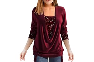 FUNALOE Sparkly Tops For Women Uk Festival Party Shirt Ladies Sequin Tops Long Sleeve Cowl Neck Shining Christmas Tops Pullover Tunic Women'S Tops And Blouses Lightweight Elegant Loose Plus Size Glitter Tops