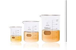 LABBOX KENZIUM - Pack 3 x Beaker + 1 x Stirring Rod | 250, 500 and 1000 ml | Borosilicate Glass 3.3 | Low Form | with Printed Graduation, with Spout | High Resistance, Autoclavable