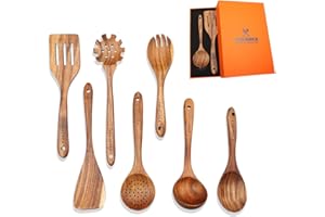 BOKALAKA Juego de 7 Utensilios de Cocina de Madera de Teca - Cucharas y Espátula para Cocinar