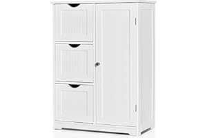 CASART Storage Cabinet, Bathroom Floor Cabinet with 1 Cupboard and 3/4 Drawers, Wooden Freestanding Cupboard for Living Room, Bathroom, Entryway and Office (White, with 3 Drawer)