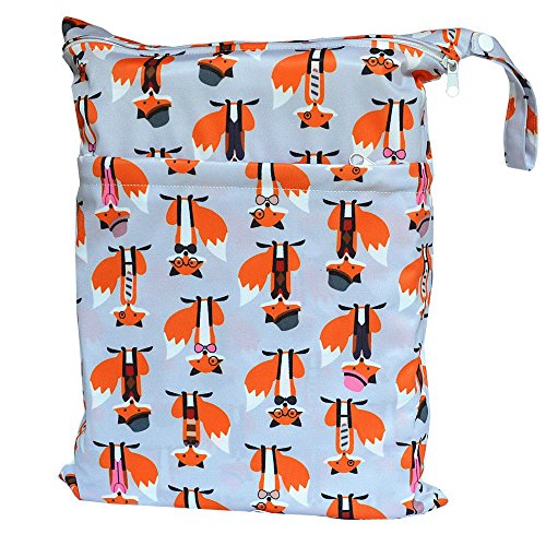 Wet Dry Bag Baby Cloth Diaper Nappy Bag Reusable with Two Zippered Pockets (Fox)