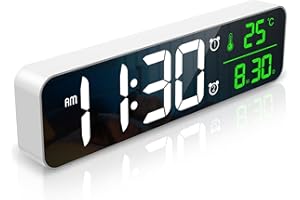 ORIA Cyfrowy zegar ścienny LED, 10,5”, zegar stołowy/ścienny z datą/temperaturą (℃/℉), pamięć czasu, 2 alarmy, dzwonki, głośność, 5 regulowanych jasności, kabel USB 1,5 m (bez adaptera), kolor biały