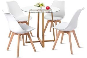 DORAFAIR Juego de Mesa de Comedor y Sillas, 1 Mesa + 4 Sillas, de Diseño Nórdico, Mesa de Cristal Templado y Sillas Blanco