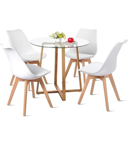 Set Tavolo E 4 Sedie NMK HOME - Tavolo Rotondo Ø80 Cm, Sedie In Ecopelle E Legno Faggio - Foto 4
