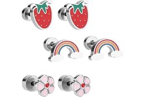 MIKOVIVI Mignonne Filles Boucles d'Oreilles Fraise Percées Arc-En-Ciel Fleur en Acier pour Tout-Petits Enfants