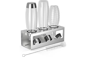 HOMMAND Portabotellas para Botellas SodaStream, para Drenaje de 3 Botellas, Incluye Anillos Protectores de Silicona, Bandeja de Escurrido y Soporte de Tapa, Plata