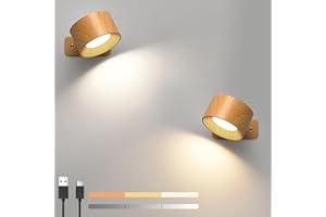 MEXLLEX LED Wandleuchte Innen 2 Stück, Akku Wandleuchte Innen LED Wandlampe Batteriebetrieben mit Schalter, 360° drehbare USB Aufladbare Magnetische Flurlampe, für Schlafzimmer Wohnzimmer Treppe(Holzmaserung)