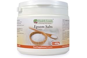 HEALTH LEADS ...WORKING WITH NATURE Pure, Food Grade Epsom Salts, Magnesium Sulphate, Vegan, Non-GMO, Widely Used to Help Relax Aching and Tired Muscles After Sports and Exercise, Resealable Container, Easy to Use (400g)