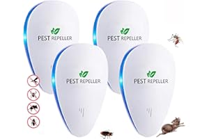 QUEATH Repellente Ultrasuoni 2024, Mosche, Scarafaggi, Ragni, Formiche,Innocuo per Animali Domestici e Umani(Pacchetto di 4), Repellente Zanzare Ultrasuoni & Controllo dei Elettronica Anti Topi