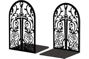 ‎PEACOBLUE Peacoblue Bookend Holder Made of Metal for Decorative Shelves, 13.5 x 11 x 20 cm, Modern, Creative, Robust Bookcase Stopper Holder for Desk, Shelf, 1 Pair (Sword with Vine and Rose)