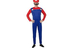 Pianocean Super Kostüm Brothers Cosplay Kostüm für Erwachsene, Klempner Kostüm Set, Faschingskostüm Herren mit Bodysuit Mütze Schnurrbart, Karneval Kostüm Herren Damen, Kostüm Erwachsene für Halloween