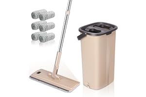 OZD Balai Serpillère Seau Essoreur, Serpillière Plat Rotatif 360° avec Seau Double Compartiment Humide à Sec, Sceau Menage Essoreur avec Manche INOX pour Nettoyage Sol - 6 Mop Tampons Microfibre