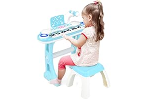Maxmass 37 Keys Kids Piano Keyboard, Toddler Electric Piano with Stool, Microphone, Flashing Lights, Music Score, Record and Playback, Musical Instrument Electronic Keyboard for Boys Girls (Blue)