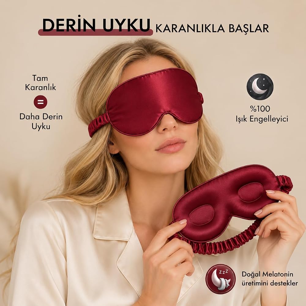 ICON SILK 3D Tam Karanlık Saf İpek Uyku Maskesi - Işık Geçirmez Göz Bandı, Ayarlanabilir Bantı, Seyahat ve Günlük Kullanım İçin (Gece Narı)
