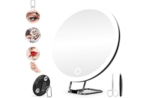 SUUPVAOR Espejo de aumento 5X con luz grande 15 cm 3 colores de atenuación espejo iluminado de aumento recargable de viaje 5x de alta ampliación espejo de maquillaje con pinzas y tijeras