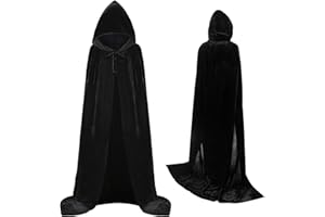 JOKBEN Velvet Black Cape,150cm Hooded Cloak Halloween Costumes,59" Jedi Robe with 11.8" Hood, Unixsex Full Length Fancy Dress Capes for Adult and Teenagers
