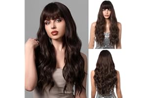 OUFEI Długie, falowane, brązowe peruki dla kobiet z grzywką, naturalne syntetyczne włosy, odporne na wysokie temperatury, na co dzień, na imprezę, do noszenia na co dzień