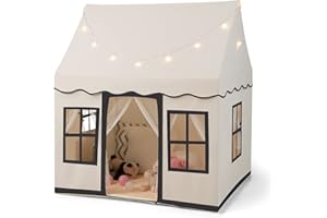 COSTWAY Kids Play Tent, Indoor Large Playhouse with Star Lights, Non-slip Mat and Windows, Castle Fairy Tents for Children Boys & Girls Gift (Beige+Black)