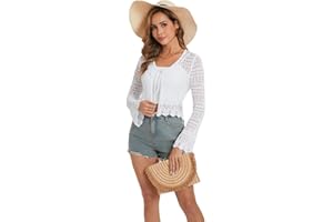 Dosieyeo Damen Strickjacke Häkel Cardigan mit Bindeband Vorne V Ausschnitt Langarm Jacke Leicht Cutout Strand Cover Up