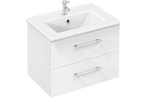 Yaheetech Tvättställsskåp, hängande badrumsskåp med tvättställ, badrumsmöbler, set i 2 delar, inklusive handfat och lådor, badrumsskåp, väggskåp med keramiskt handfat, högglans