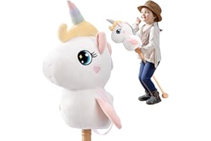 FUNLIO Cheval Bâton Interactif pour Enfants dès 3 Ans, Hobby Horse avec Sons Réalistes (Hennissement & Galop), Roues en Bois, Tête en Peluche Douce, Jouet Créatif pour Hobby Horsing – Blanc