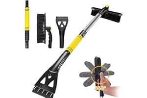 Famini Eiskratzer & Schneebürste, 2 in 1 Schneebesen mit Eiskratzer, Windschutzscheibe Glas Eisentferner, Winter Besen Auto, Auto Eiskratzer, Abnehmbar Schnee Pinsel für LKW und SUV,Gelb