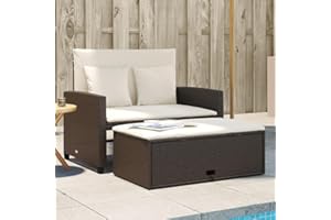 Amorsee Sofá de jardín de 2 Plazas con Reposapiés de Almacenaje, Sofa Jardin Terraza, Sofas De Terraza, Muebles Jardin Exterior con Respaldo Inclinable y Cojines, Marrón
