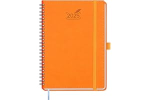 BEZEND Agenda 2025 Semainier Spirale A5 - Planner Hebdomadaire 2025 Vertical avec Couverture Souple en Cuir PU, Onglet Mensuel, Porte-stylo autocollant, 100 GSM Papier, Orange