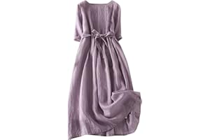 Zeiayuas Vintage Linen Dresses for Women UK Cotton Linen Maxi Dresses Lace Up Round Neck Half Sleeve Dress Pleated Boho Beach Holiday Dresses Summer Casual Tunic Dress Elastic Waist Tie Long Dress