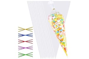 FRENDOUR 100pcs Sweet Cone Bags,30 * 16cm Cones Bags with 100pcs Colorful Ties, Triangle Sweet Cones Bag for Candy,Cookie,Baking,Displaying and Wrapping