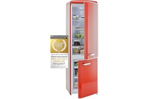 Exquisit® Frigorífico Combi Retro, 244L, Clase E, Color Rojo, Cajón Verdulero, Altura Regulable, Tiradores Retro, Estantes de Cristal, Consumo 202 kWh/año, Medidas 183x54,5x57,5 Cm