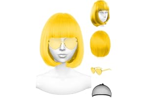ACOECO Featured Wigs and Heart Sunglasses, Color Bob Wig, Party Cosplay Wigs, Rainbow Wig with Neon Glasses for Women - Bachelorette Party Decorations Favors (Yellow)